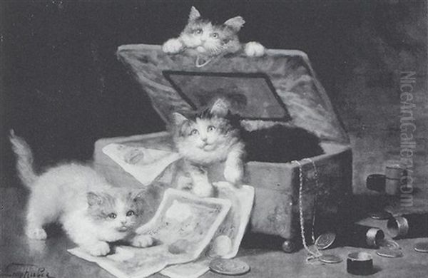 Chatons A La Boite A Bijoux Oil Painting by Leon Charles Huber