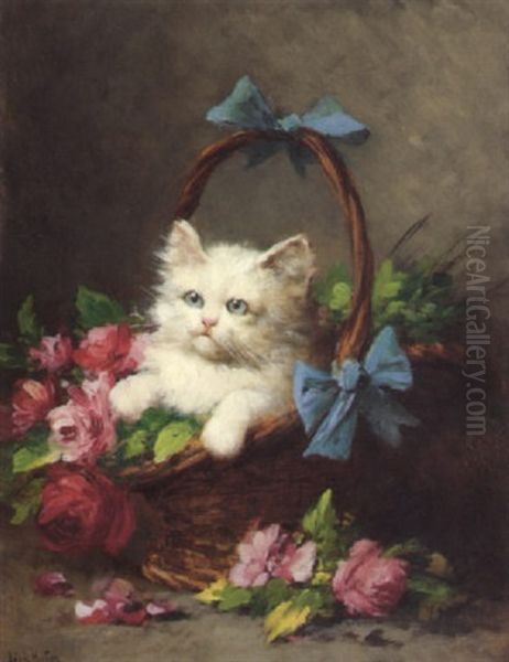 Kleines Katzchen Im Korb Mit Rosen Oil Painting by Leon Charles Huber