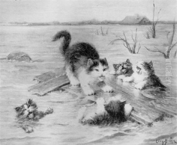 Les Chatons Naufrages Oil Painting by Leon Charles Huber