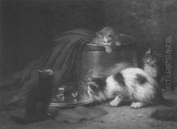 Curiosity; A Cat With Kittens With A Butterfly On The Lid Of A Bran Vessel Oil Painting by Leon Charles Huber