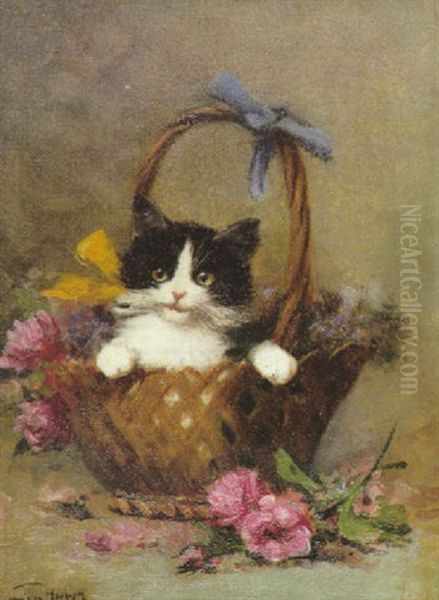 Chat Dans Un Panier De Fleurs Oil Painting by Leon Charles Huber