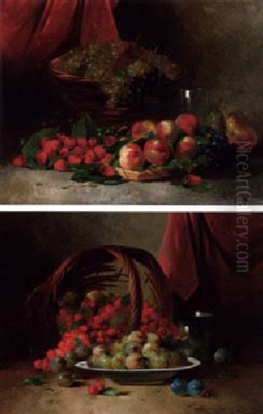 A Basket Of Grapes With Strawberries, Peaches And Pears Oil Painting by Leon Charles Huber