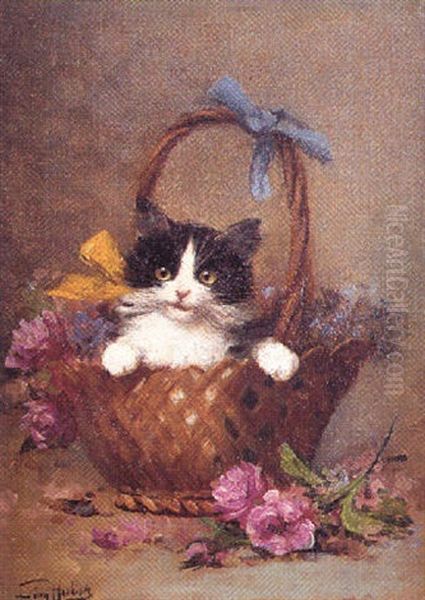 Le Chaton Dans La Corbeille Oil Painting by Leon Charles Huber