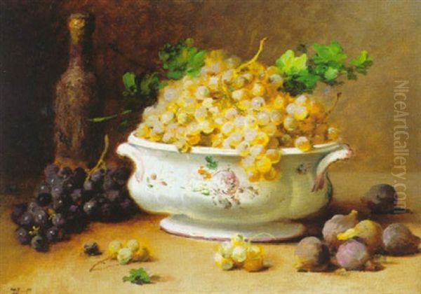 Still Life With Grapes In A Porcelain Bowl, Figs And A Bottle Oil Painting by Leon Charles Huber