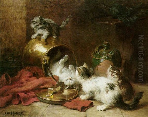 Cats In A Kitchen Oil Painting by Leon Charles Huber