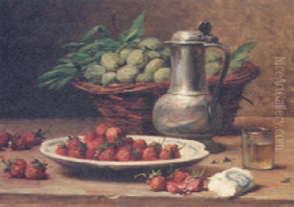 Plums In A Basket, Strawberies On A Plate, A Wine Glass And A Pewter Jug On A Table Oil Painting by Leon Charles Huber