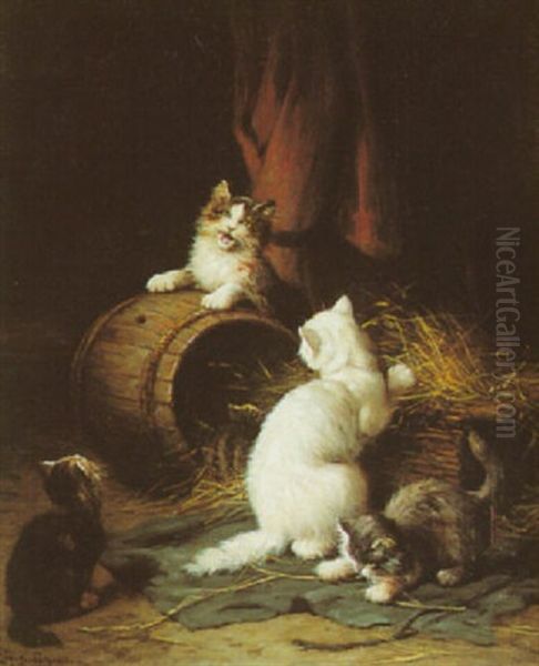 Cats Playing With A Barrel Oil Painting by Leon Charles Huber