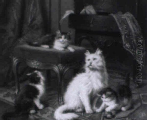 Katze Mit Drei Jungen Im Salon Beim Spiel Oil Painting by Leon Charles Huber