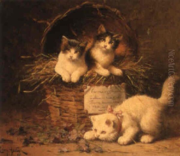 A New Basket Of Kittens Oil Painting by Leon Charles Huber