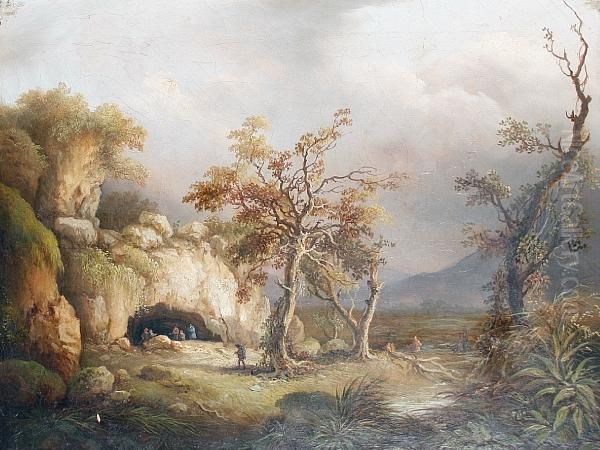 Figures In A Cavern Mouth Oil Painting by George Barratt