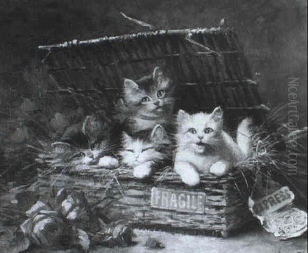 Spielende Katzen In Einem Bastkorb... Oil Painting by Leon Charles Huber