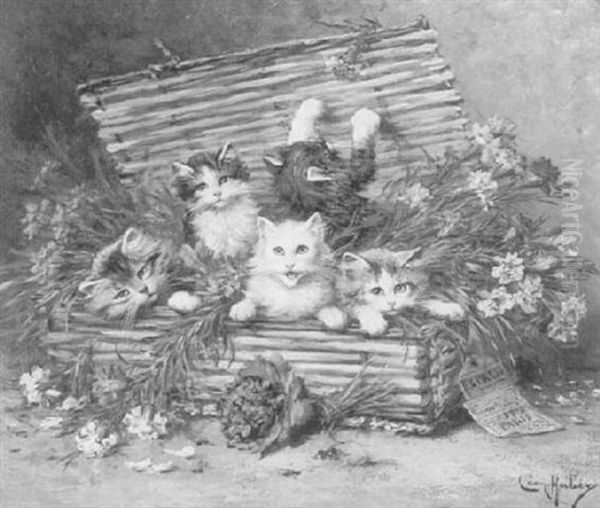 Five Kittens And Flowers In A Basket Oil Painting by Leon Charles Huber