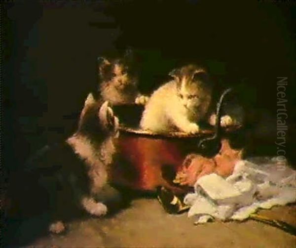 Spielende Junge Katzen Oil Painting by Leon Charles Huber