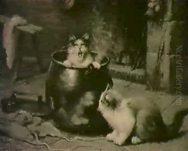 Spielende Katzen Vor Kamin Oil Painting by Leon Charles Huber