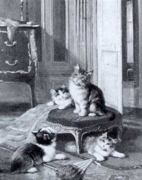 Four Playful Kittens In An Interior Oil Painting by Leon Charles Huber