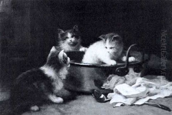 Kittens Playing In A Copper Pot Oil Painting by Leon Charles Huber