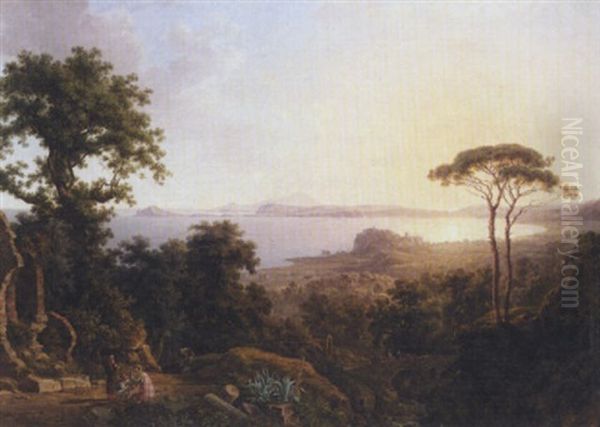 A View Of The Bay Of Baia Near Naples, With The Town Of Pozzouli On The Coast Oil Painting by Wilhelm Jakob Huber