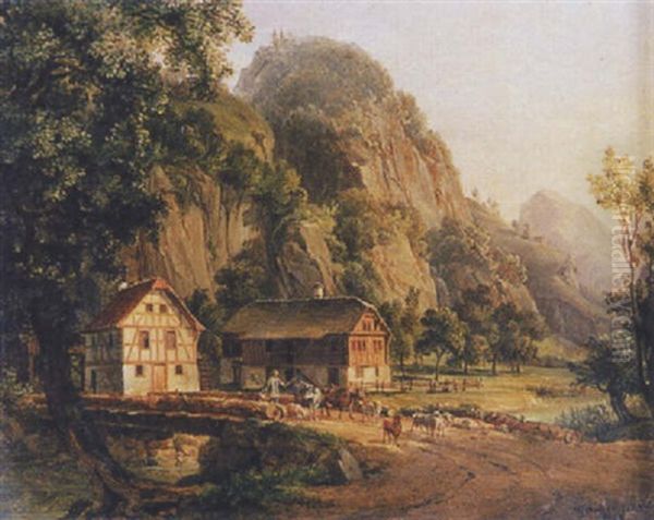 Felsiges Flusstal Mit Bauerngehoft Oil Painting by Wilhelm Jakob Huber