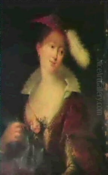 Portrait Of A Noblewoman, Saidto Be The Countess Of Kaven-  Huller, Small Half Length, Wearing A Dark Red Velver Dre Oil Painting by Thomas Huber