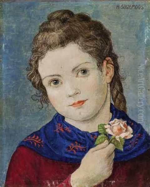 Madchen Mit Zopf Und Einer Kleinen Rose In Der Hand by Hans Huber-Sulzemoos