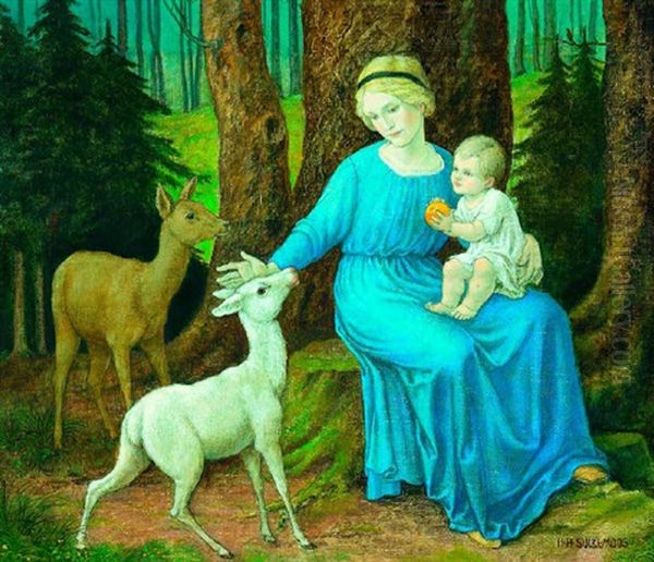 Mutter Mit Kind Und Rehen Im Wald by Hans Huber-Sulzemoos