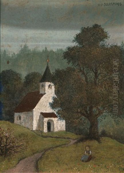 Blumenpfluckendes Madchen Vor Einer Kapelle by Hans Huber-Sulzemoos