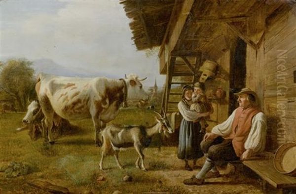 Bauernfamilie Vor Dem Haus Oil Painting by Jean Daniel Hubert