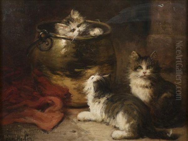 Jeunes Chatons Jouant Oil Painting by Leon Hubert