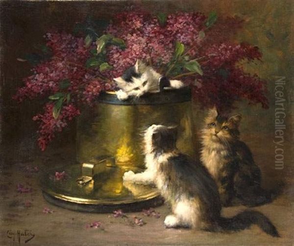 Trois Chatons Jouant Autour D'un Bouquet De Lilas Oil Painting by Leon Hubert