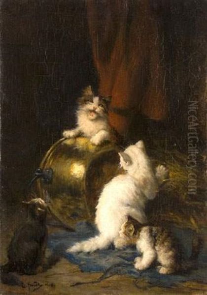 Quatre Chatons Jouant Autour D'un Chaudron De Cuivre Oil Painting by Leon Hubert