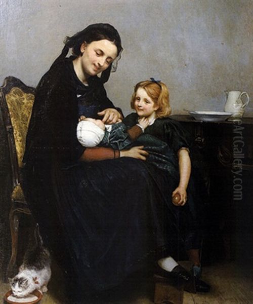 Mutter Mit Zwei Kindern Und Einer Katze Oil Painting by Julius Huebner the Younger