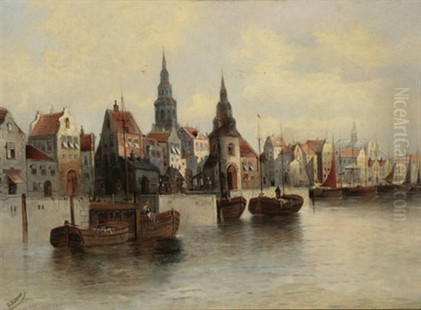 Busy City Port Oil Painting by Anton Huebner