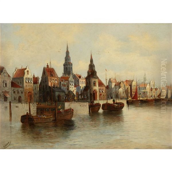 Harbor Scene Oil Painting by Anton Huebner