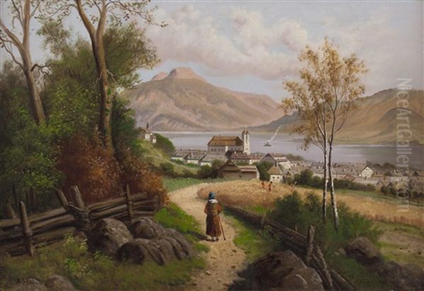 Blick Auf Mondsee Mit Schafberg Oil Painting by Anton Huebner