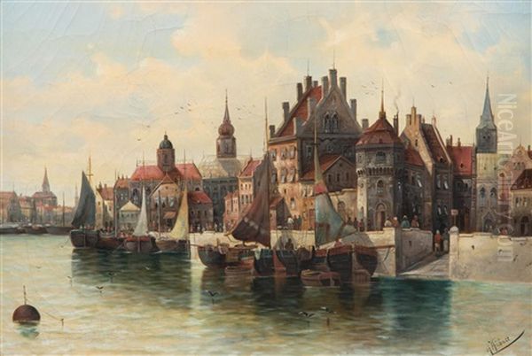 Belebte Niederlandische Hafenstadt Oil Painting by Anton Huebner