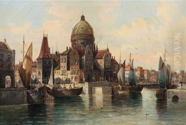 Belebte Niederlandische Hafenstadt Oil Painting by Anton Huebner