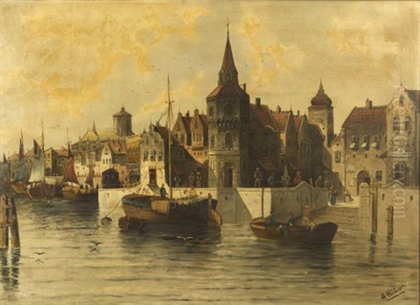 Views Of Antwerp & Rotterdam (pair) Oil Painting by Anton Huebner