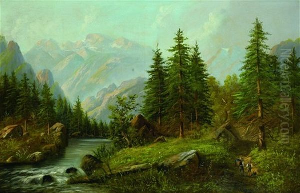 Gebirgslandschaft Mit Einem Fluss Oil Painting by Anton Huebner