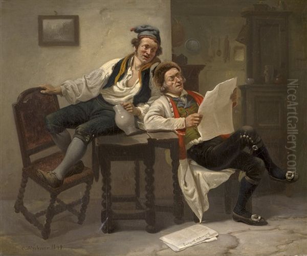 Die Zeitungsleser: Zwei Manner In Schwalmer Tracht Oil Painting by Carl Wilhelm Huebner