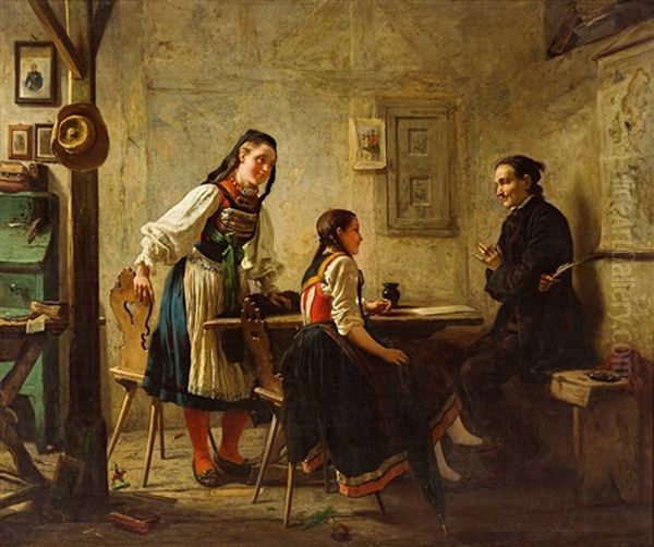 Junger Hauslehrer Mit Zwei Reizenden Madchen In Tracht Beim Geographieunterricht Oil Painting by Carl Wilhelm Huebner