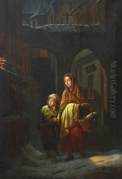 Genre Scene With Young Children In A Winter Village Night-time Scene Oil Painting by Carl Wilhelm Huebner