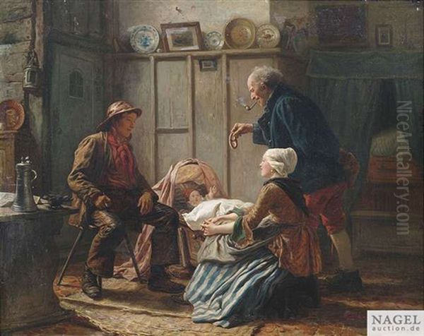 An Der Wiege Oil Painting by Carl Wilhelm Huebner