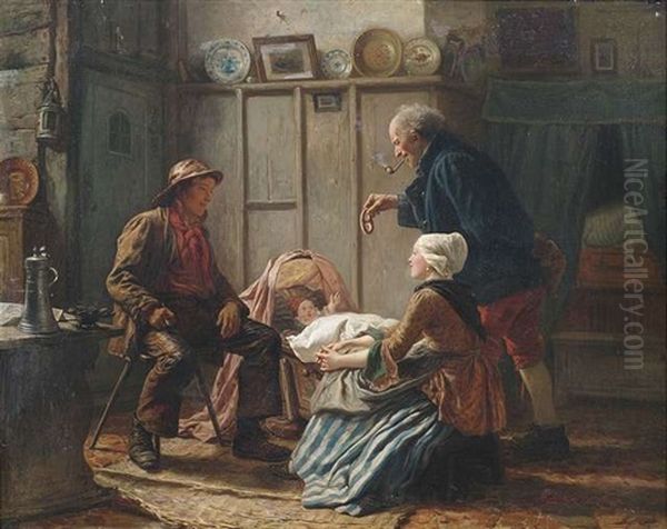 An Der Wiege Oil Painting by Carl Wilhelm Huebner