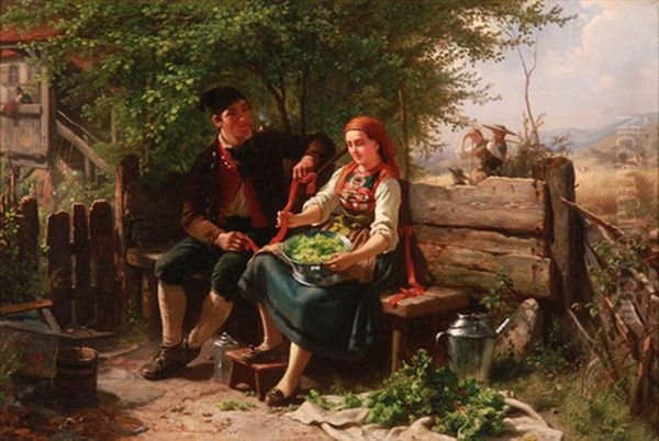 A Courting Scene Oil Painting by Carl Wilhelm Huebner