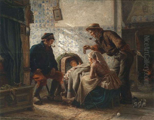 An Der Wiege Oil Painting by Carl Wilhelm Huebner