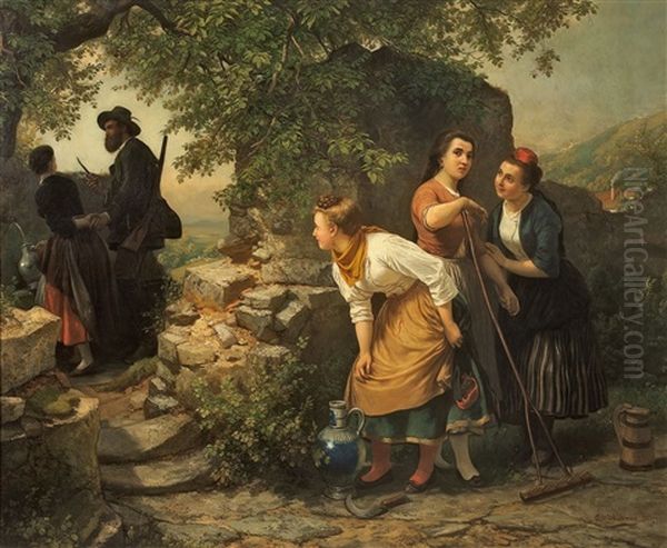 Belauschtes Liebespaar Oil Painting by Carl Wilhelm Huebner