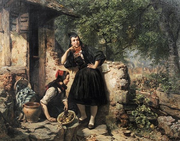 Zwei Hessische Madchen In Tracht Betrachten Einen Hochzeitszug Oil Painting by Carl Wilhelm Huebner