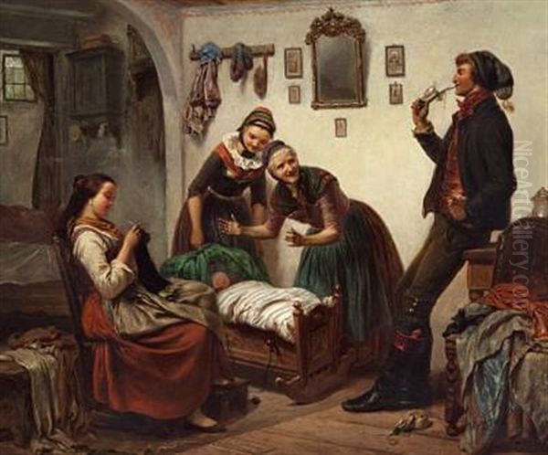 The Proud Father Is Admiring His Newborn Child Oil Painting by Carl Wilhelm Huebner