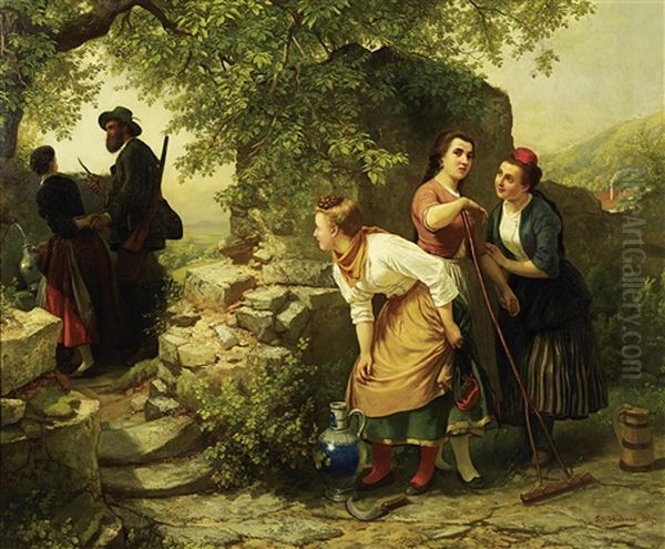 Belauscht Oil Painting by Carl Wilhelm Huebner