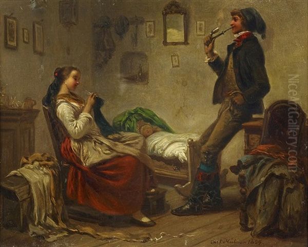 Die Junge Familie Oil Painting by Carl Wilhelm Huebner